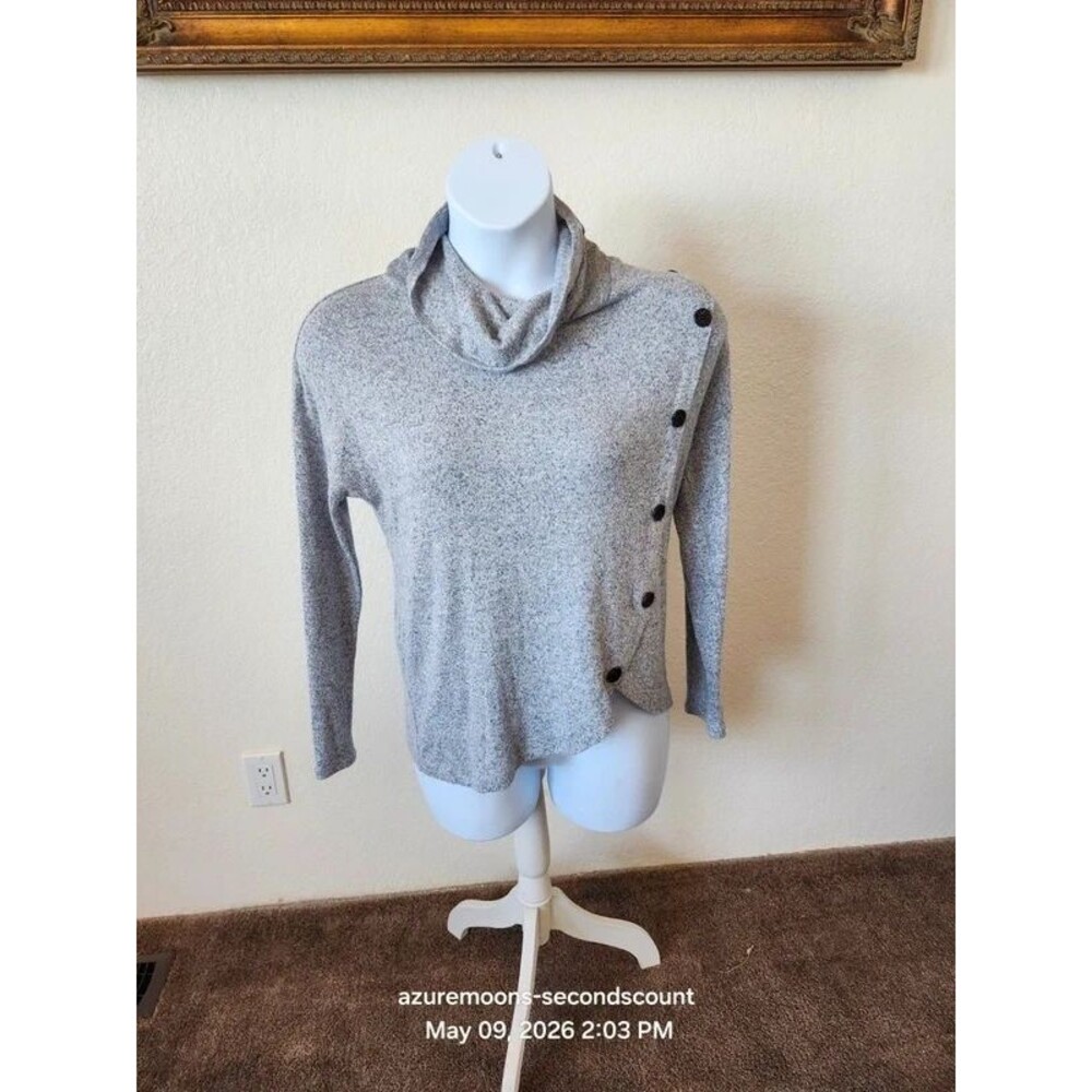 Madison Cowl Neck knit top sytlsh button accents gray SZ M